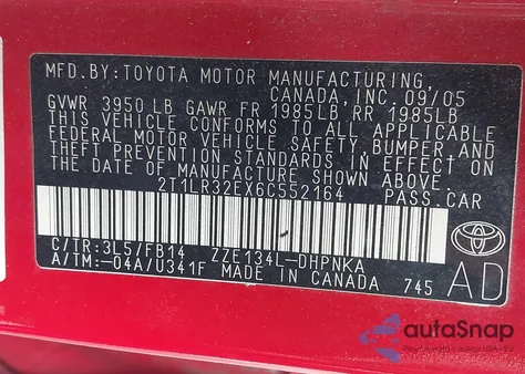 2006 Toyota Matrix Xr from USA, damaged, VIN 2T1LR32EX6C552164